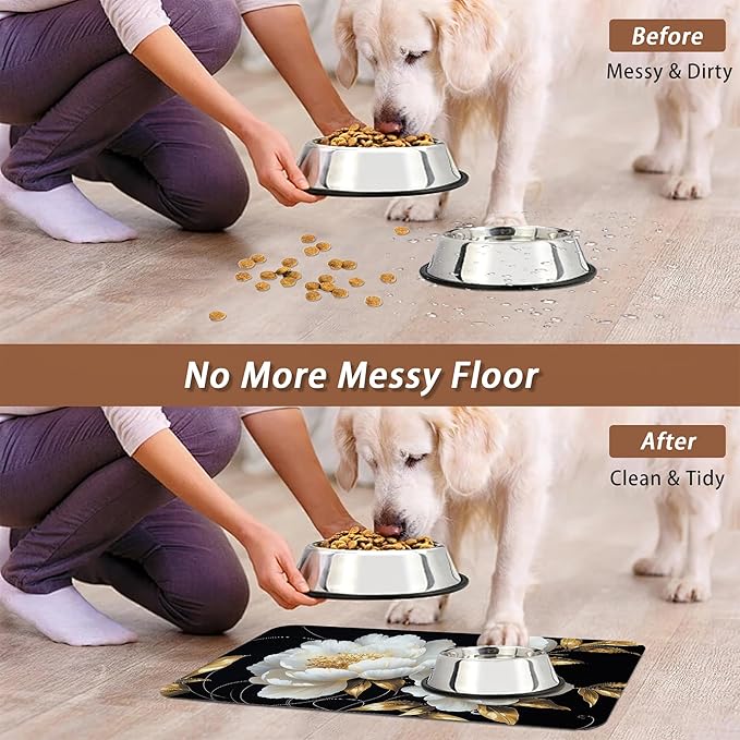 White Flowers Pet Feeding Mat,Glitter BloomingAbsorbent Quick-Dry Cat Dog Food and Water Bowl Mats,Non-Slip Rubber Backing Mat,Cat Dog Accessories Supplies 12"x20"