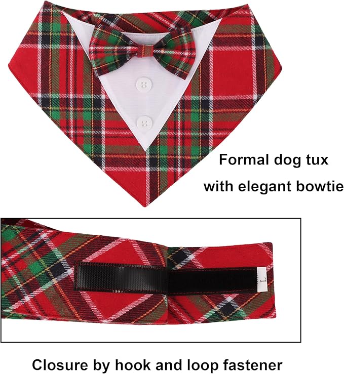 ADOGGYGO Christmas Dog Tuxedo Bandana, Red Green Plaid Pet Xmas Collar with Bow, Adjustable Christmas Costume for Large Dogs (L)
