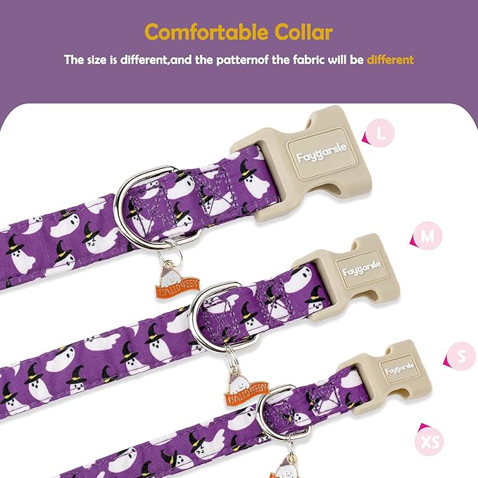 Faygarsle Halloween Dog Collar with Charm, Purple with Ghost Pattern, Adjustable Pet Collar for Small Medium Large Dogs L