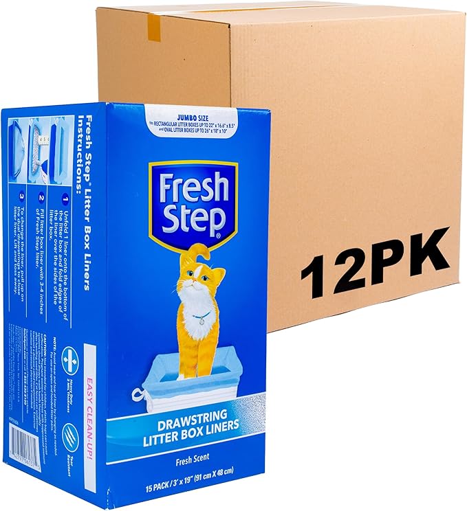 Fresh Step Jumbo Drawstring Cat Litter Box Liners, Scented Heavy Duty Kitty Litter Bags for X-Large Oval or Rectangle Pans, Helps Contain Mess for Easy Lift Out Cleanup, 36 x 19 in, 15 Count - 12 Pack
