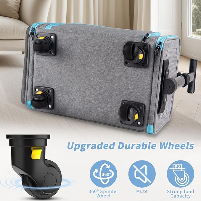 Rolling Pet Carrier with Detachable Wheels - 18x11x11 TSA Airline Approved for Southwest Delta United American, Soft Sided Expandable Travel Bag for Small Dogs & Cats up to 15Lbs, Fits Under Seat