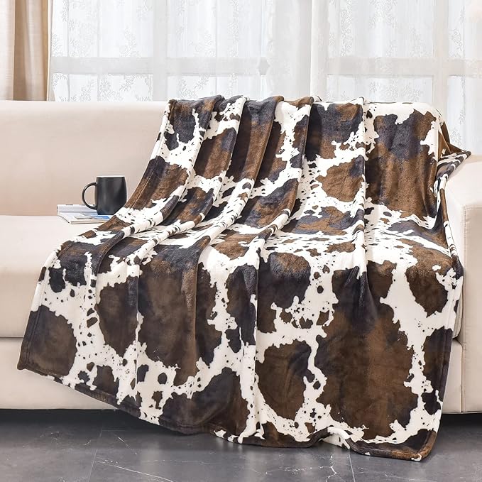 Bnuitland Brown Cow Print Throw Blanket with Storage Pouch, 300 GSM Double Sided Fuzzy Decor Lap Blanket for Bed/Sofa/Couch, Super Soft Cozy Flannel Throw Gift for Adults and Kids, 50×60 inch