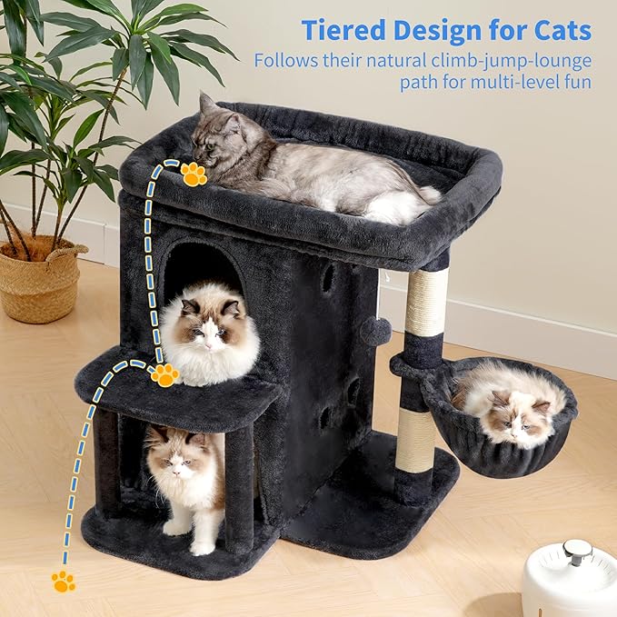 Heybly Cat Tree, 25.6-inch Cat Tower with Spacious Top Perch for Large Cats, Stair-Style Cat House Furniture with Dual-Layer Condos, Sisal Scratching Posts, Cozy Basket & Pompom, Smoky Gray HCT204SG