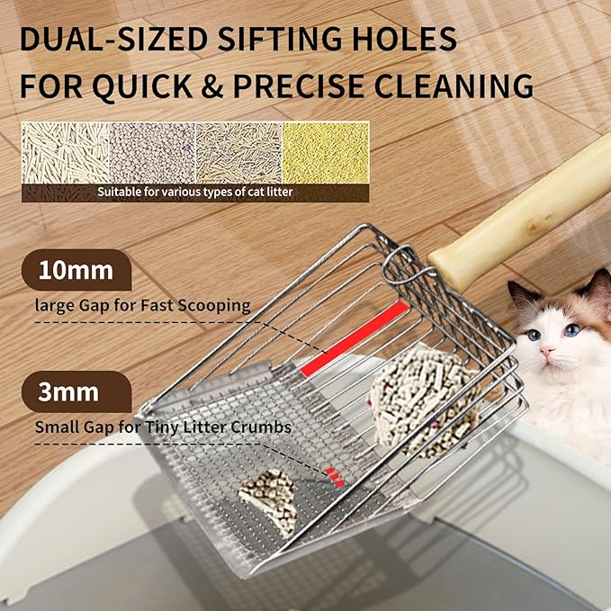 Cat Litter Scoop, Premium Kitty Shovel with Hook and Hole, Metal Sifter Scooper Stainless Steel for Easy Cleaning, Durable and Heavy Duty, Odor-Free for Litter Box (Scoop with Holder)