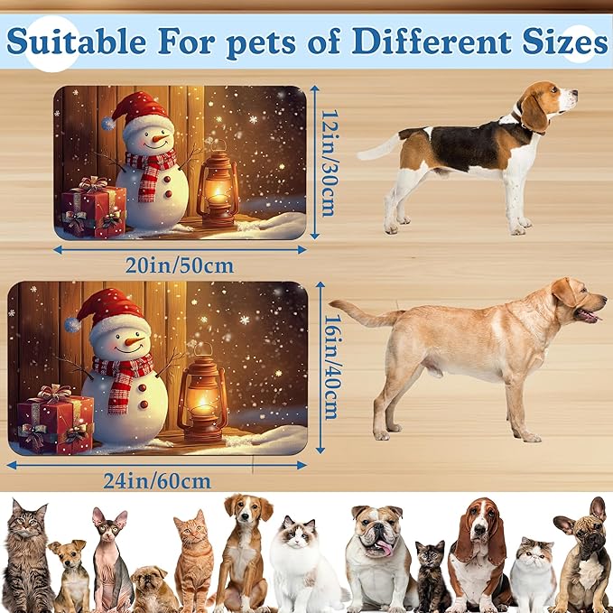 Chirstmas Gifts Dog Cat Food Mat,Cute Snowman Absorbent Waterproof Placemat for Food and Water Bowls, Non Slip Rubber Backing, Feeding Mat for Clean Floors 12"x20"
