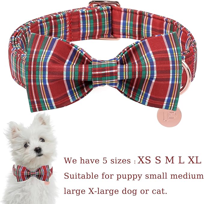 Christmas Plaid Dog Collar with Bow, Red and Blue Check Adjustable Pet Collar with Quick Release, Christmas Stripes Bowtie Collar for Small Medium Large Dogs L