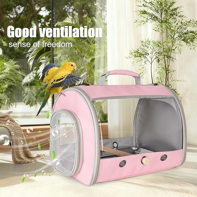 Long Tail Bird Travel Carrier Cage with Tray and Stand Perch, Portable Lightweight Clear Windows Carry Bag for Parakeet Budgies Cockatiel Transport to Vet (Pink, Cylinder Design - Clear)
