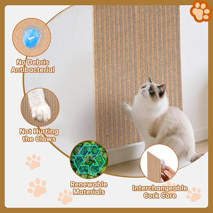 Natural Cork cat Scratch pad for Cats-cat Scratching Posts-cat scratchers for Indoor Cats-cat Scratcher Furniture for Wall & Floor - Natural Cork & Cardboard Blend, No Mess Splinters Easy Clean-2-Pack