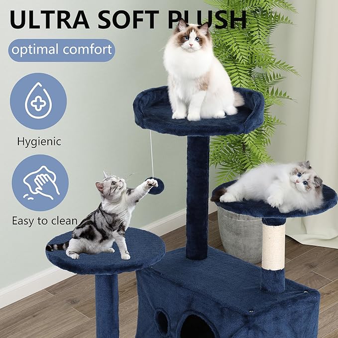 FDW | 54" Cat Tree Tower | Dark Blue | Multi-Level Indoor Activity Center with Sisal Scratching Posts, Condos, Plush Perches, Hanging Cat Toys | Sturdy, Easy to Assemble | for Kittens & Adult Cats