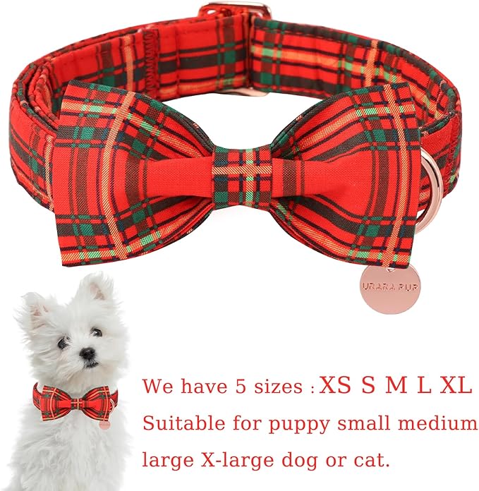 Christmas Dog Collar with Bow Tie, Cotton Christmas Plaid Collar for Medium Girl Boy Dog,Red &Green Plaid Dog Collar Bowtie with Durable Metal Buckle,Adorable Pet Collar,S,Neck 10-16in