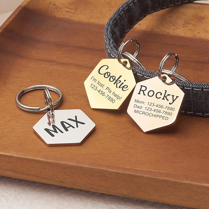 Anavia Personalized Pet ID Tags, Stainless Steel Glossy Laser Engraved Dog Cat Collar Name Tags, Multiple Colors Shapes Sizes (Hexagon, Small)