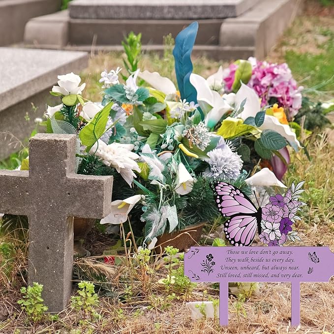 Grave Decorations for Cemetery Memorial, Metal Memorial Garden Stakes for Loss of Mother Father Loved Ones, Purple Plaques Markers for Cemetery Humans Outdoor Yard