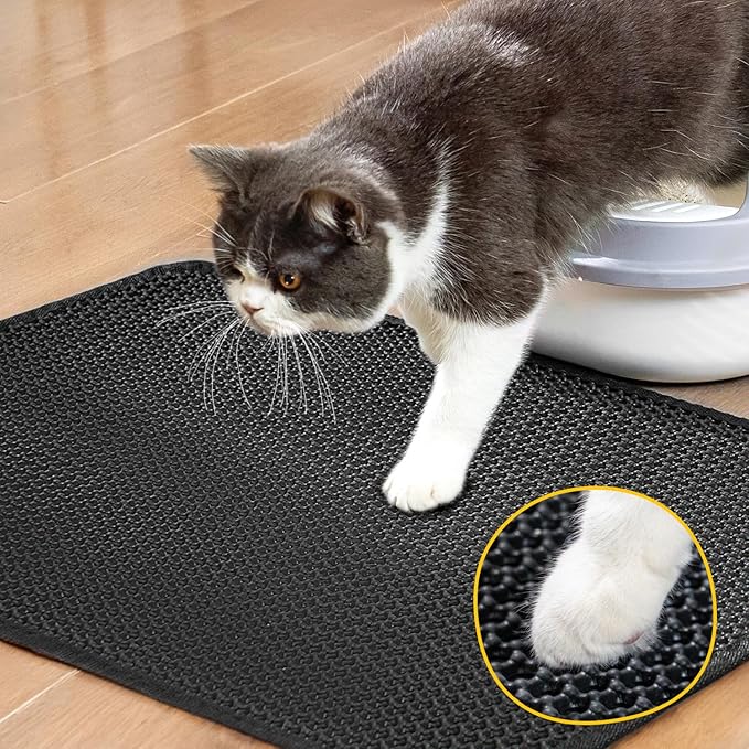 Cat Litter Mat Compact Size 23.6"x14.6" for Small Spaces, Upgrade Waterproof Leakproof Back Layer, Honeycomb Trapping Mat, Washable, Easy to Clean, Scatter Control Kitty Litter Matt, Black