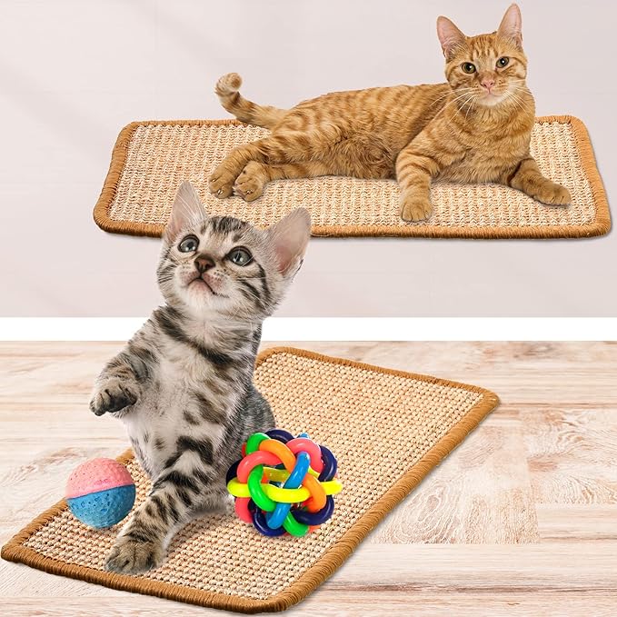 Tuanse 4 PCS Cat Scratcher Mat, 15.7 x 7.8 Inches Sisal Cat Scratching Pad, Horizontal Floor Scratching Pad Rug with Adhesive Loop Tape for Protect Couch and Carpets(Khaki)
