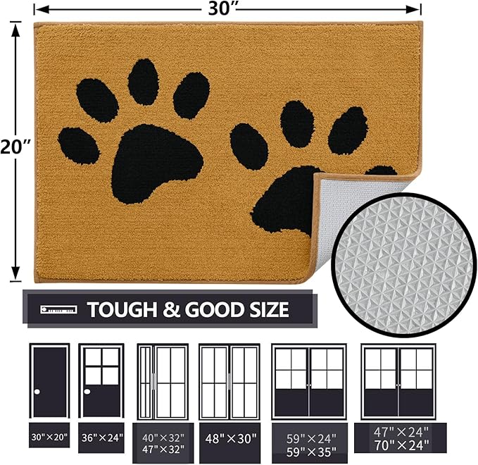 Buganda Dog Door Mat for Muddy Paws, Absorbent Dirt Trapper Washable Indoor Doormats, Non Slip Low-Profile Mud Mat for Dogs, Front Entrance Doormat for Inside Floor (36x24 Inches, Yellow and Black)