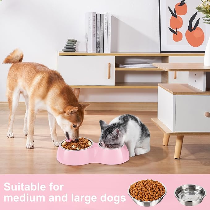 Elevated Dog Bowls Set - Non-Slip Raised Pet Feeder with Medium (10 oz) & Large (20 oz) Stainless Steel Bowls - Includes Durable Resin Stand for Corgi Puppies and Adult Cats - Pink