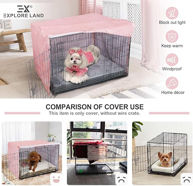 Explore Land Pattern Dog Crate Cover for 42 Inches Wire Cage, Heavy-Duty Polyester 1 2 3 Doors Standard Metal Pet Kennel Enclosure (Princess Pink)