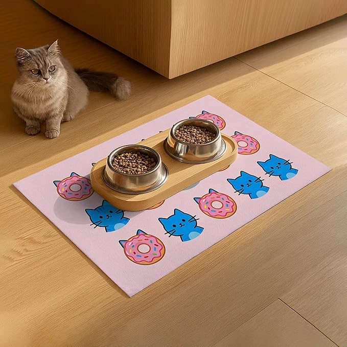 Cat Feeding Mat 24x16 inch Donut Cat Print Pet Bowl Placemat Non Slip Floor Mat for Food and Water Indoor Kitty Feeding Station Cute Meal Pad for Small Pets Kitchen Use