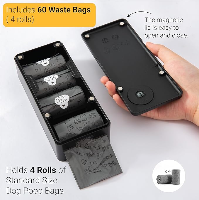 SVD.PET Dog Poop Bag Dispenser with 60 Bags, Wall Mount Waste Bag dispenser, Holds 4 Rolls of Waste Bags, Indoor/Outdoor Wall mount or Place on Table(Black, Dispenser + Bags)