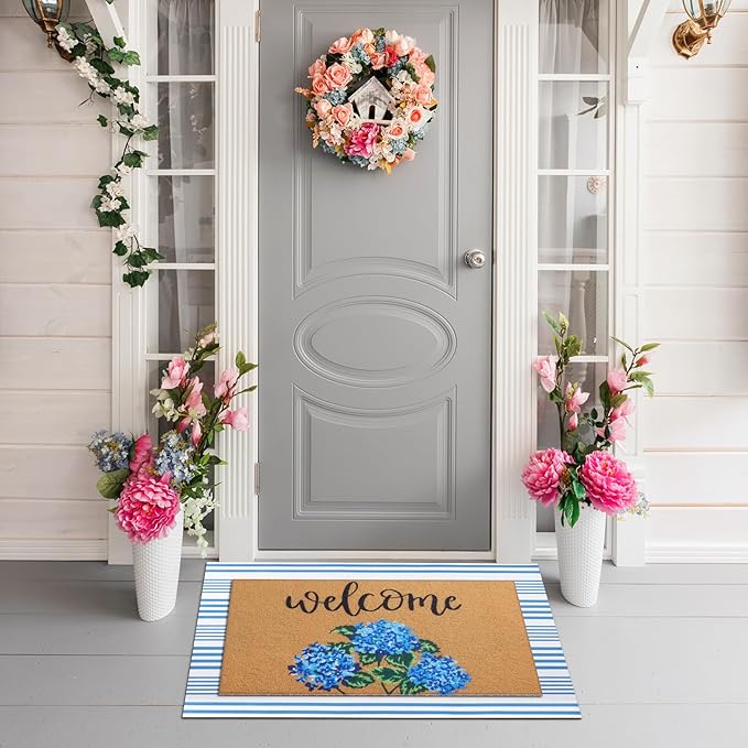 Tinideya 2 Pcs Hydrangea Door Mat Blue and White Stripe Welcome Non Slip Flower Coir Mats Floor Layering Floral Doormats Seasonal for Front Porch Entryway Decor(Blue Flower)