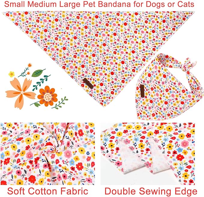 Floral Dog Bandana, UP URARA PUP Flowers Triangle Bid Scarf for Medium Large Dogs, Cotton Kerchief for Girl Boy Puppies, Cute Spring Blossom Bandana,L