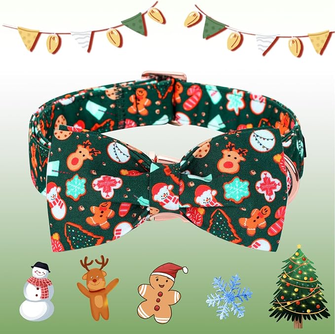 Christmas Dog Collar, Cute Winter Holiday Collars Green Christmas Tree and Snowman Print Metal Buckle Collar Adjustable Sturdy Collars for X-Small Girl Boy Dogs