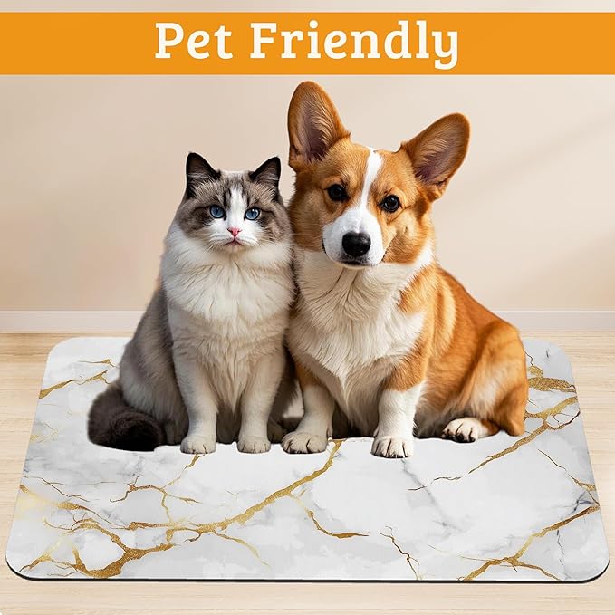 Abstract Marble Dog Food Mat,White Gold Absorbent Pet Feeding Mat for Food and Water Bowl,Quick Dry Dog Placemat Non Slip Rubber Backing Waterproof Pet Supplies 12" x 20"