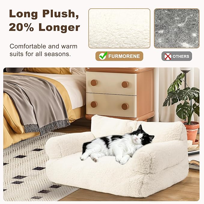 Large Cat Beds for Indoor Cats, Dog Couch Bed, Cute Cat Couch Sofas for Less 20lbs Kitten Puppy, Small Dog Sofas & Chairs with Removable Washable Cover, Soft Warm Pet Furniture, Cream