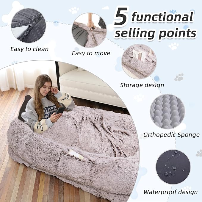 Human Dog Bed, 71''x45''x12'' Size Fits You and Pets, Washable Faux Fur Pet Bed for People Doze Off, Napping Orthopedic Dog Bed, Present Plump Pillow, Blanket, Strap - RustWhite