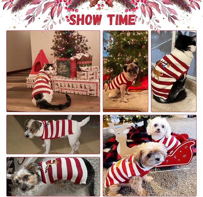 Christmas Dog Sweaters Xmas Pet Outfits Striped Elk Costume Holiday Clothes Gifts Puppy Cat Knitted Jumpers (XL,Red White Stripe Elk)