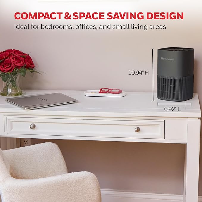 Honeywell Allergen Plus Compact HEPA Small Room Air Purifiers for Home, Up to 530 Ft² Coverage, 3-in-1 Filter, Pet Dander, Smoke & Odor Reducer Air Quality Sensor with Auto Mode, Grey, HPA125V