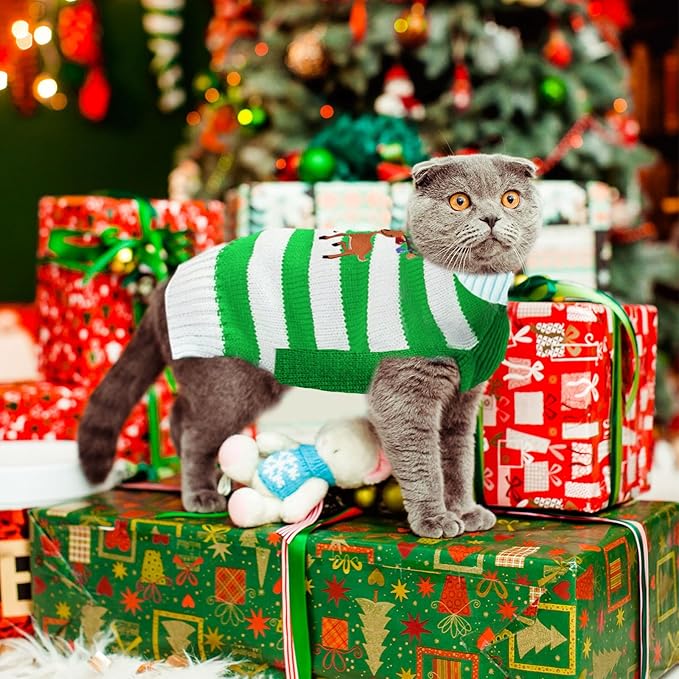 Christmas Dog Sweaters Xmas Pet Outfits Striped Elk Costume Holiday Clothes Gifts Puppy Cat Knitted Jumpers (XS,Green White Stripe Elk)