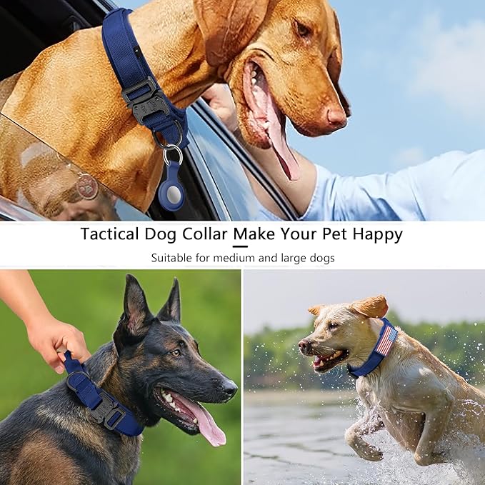 DAGANXI Tactical Dog Collar, Adjustable Military Training Nylon Dog Collar with Control Handle and Heavy Metal Buckle for Medium and Large Dogs, with Patches and Airtags Case (Midnight Blue, L)