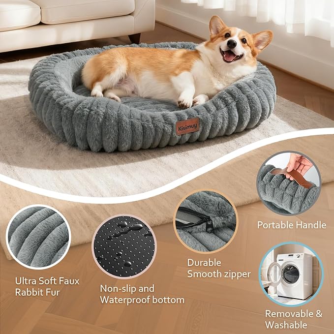 Orthopedic Dog Bed for Small Medium Dogs & Cats - Soft Furry Puppy Bed with Removable Washable Cover & Anti-Slip Bottom, Calming Rectangle Cat & Puppy Bed for Indoor Pets, 25x21x4inches, Grey
