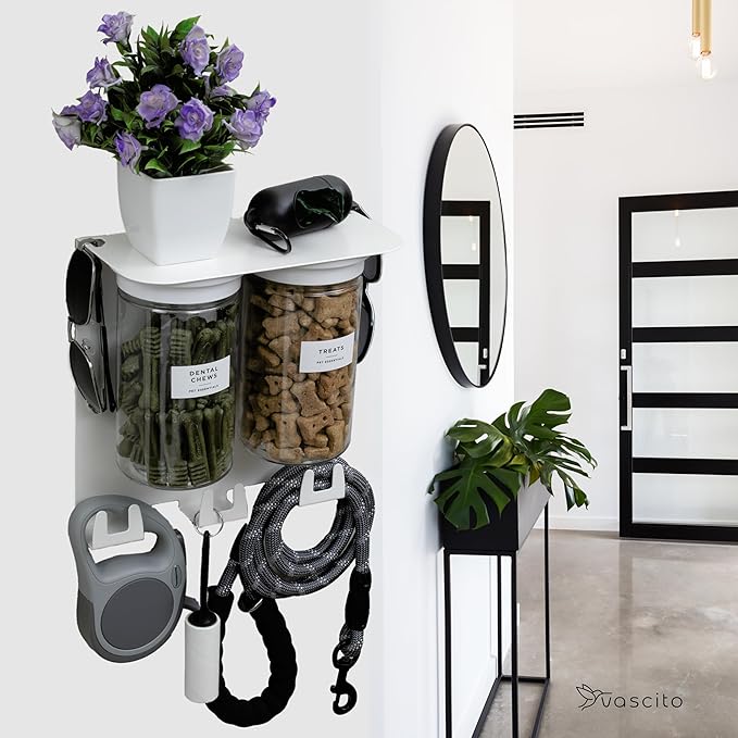 Dog Treat Holder For Wall Storage For Pets, Premium Pet Wall Organizer, Includes Two 32oz Airtight Dog Treat Jar, 3 Sets of Triple Hooks, Sturdy Shelf in Designer White