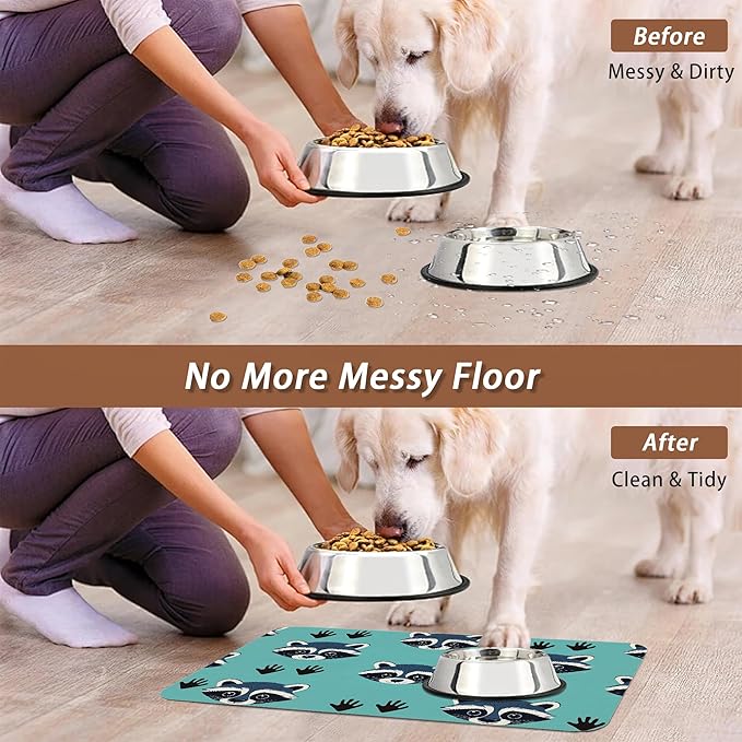 Cute Raccoon Dog Food Mat for Floors,Absorbent Pet Food and Water Bowl Mats,Non-Slip Pet Feeding Mat,Pet Supplies 12" x 20"