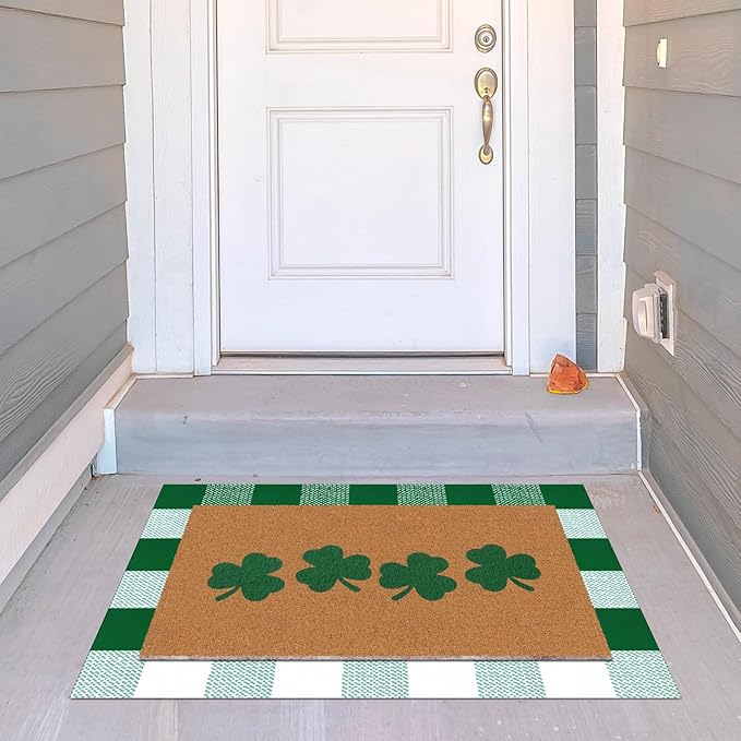 Tinideya 2 Pcs St. Patrick's Day Door Mat Shamrock Welcome Non Slip Green and White Coir Mats Floor Layering Doormats Seasonal for Front Porch Entryway Decor(Green White, St. Patrick's Day)
