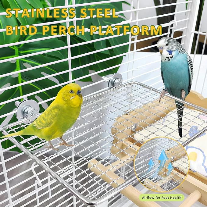 Stainless Steel Bird Perch for Cage, Open-Grid Easy Clean Parrot Perch Stand Platform, Claw-Friendly Grip Bird Cage Accessories for Cockatiel, Conure, Budgie, Parakeet, Small Medium Birds