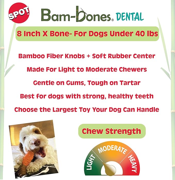 SPOT Bam-Bones Dental X-Bone Dog Chew – Bamboo Fiber with Massaging Rubber Center for Teeth Cleaning – 8in, Apple Flavor, for Light Chewers & Teething Puppies Under 40 lbs