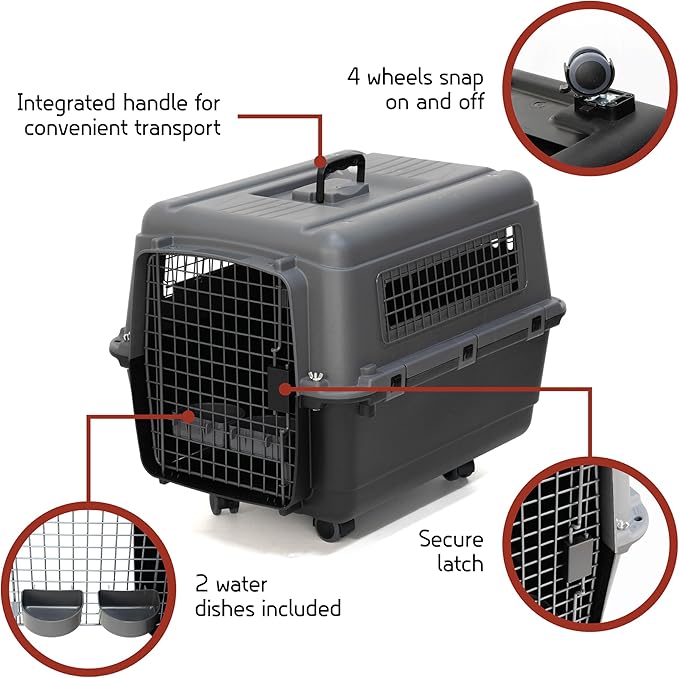 SportPet Airline Compliant MEDIUM 24.25" Travel Dog Kennel-Durable Plastic Airline Pet Carrier w/ Removable Wheels & Food Bowls, Collapsible Indoor/Outdoor Dog Kennel, Dogs up to 23"L & 15"H-Dark Gray