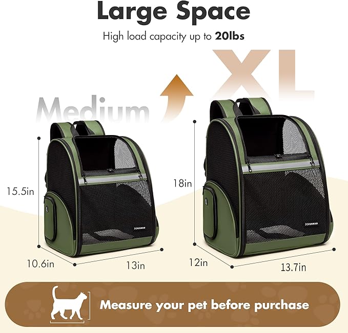 Pet Backpack Carrier, Large Cat Carrier Backpack Up to 20 Lbs with Breathable Mesh, for Medium Large Cats or Small Dogs, Travel Hiking Camping Backpack (DarkGreen-XL)