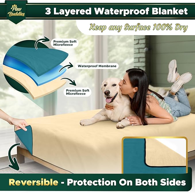 Paw Buddies Waterproof Blanket – 80"x90" Washable Sofa Throw for Couch, Bed or Car – Soft Reversible Protector for Adults, Pets, and Dogs at Home or on The Go
