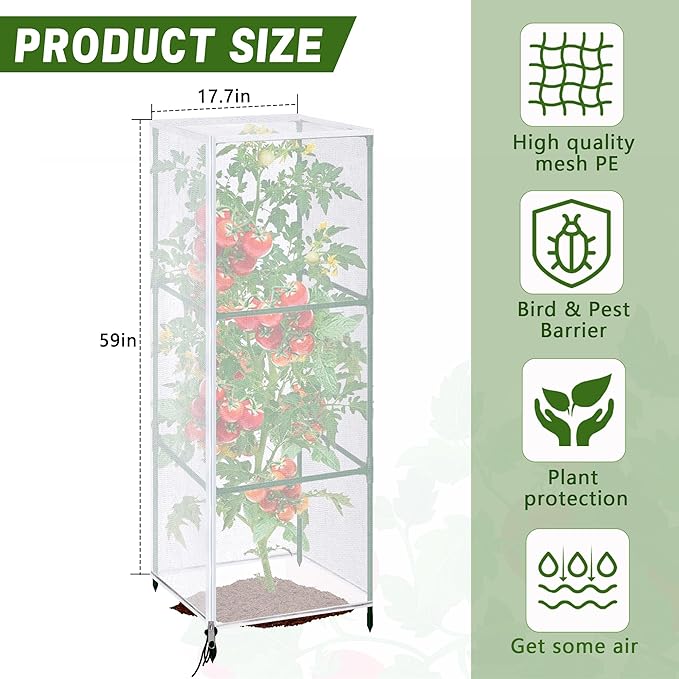 3 Pcs Garden Bird Netting Plant Cover for Square Tomato Cage, 59" x 17.7" Insect Bird Barrier Tomato Cage Net with Zipper & Drawstring, Tomato Trellis Netting Protection Cover for Protecting Plants