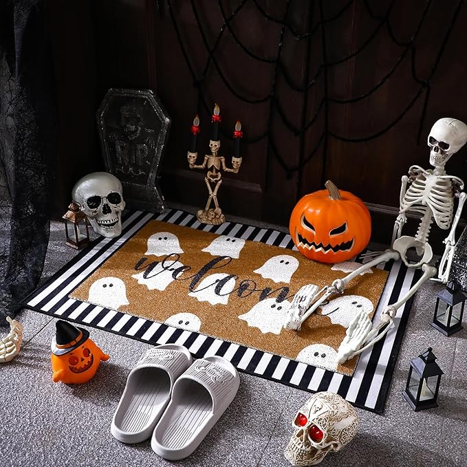 Tinideya 2 Pcs Door Mat Welcome Non Slip Coir Mats Floor Layering Doormats Seasonal for Front Porch Entryway Decor(Spooky)
