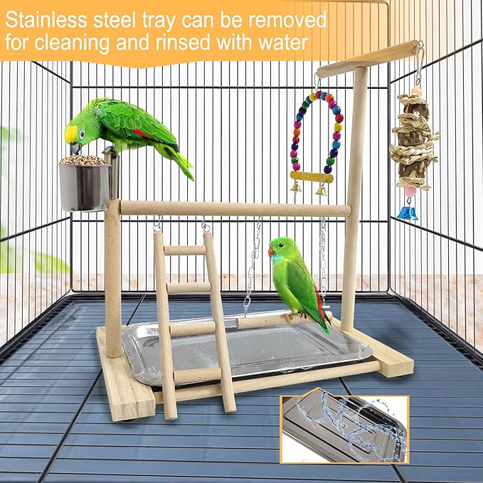 Hamiledyi Bird Playground Parrots Play Stand Natural Wooden Parrot Perch Gym Playpen Pet Parakeet Ladders with Feeder Cups for Cockatoo Conure Cockatiel Cage Accessories Exercise Toy (Include a Tray)
