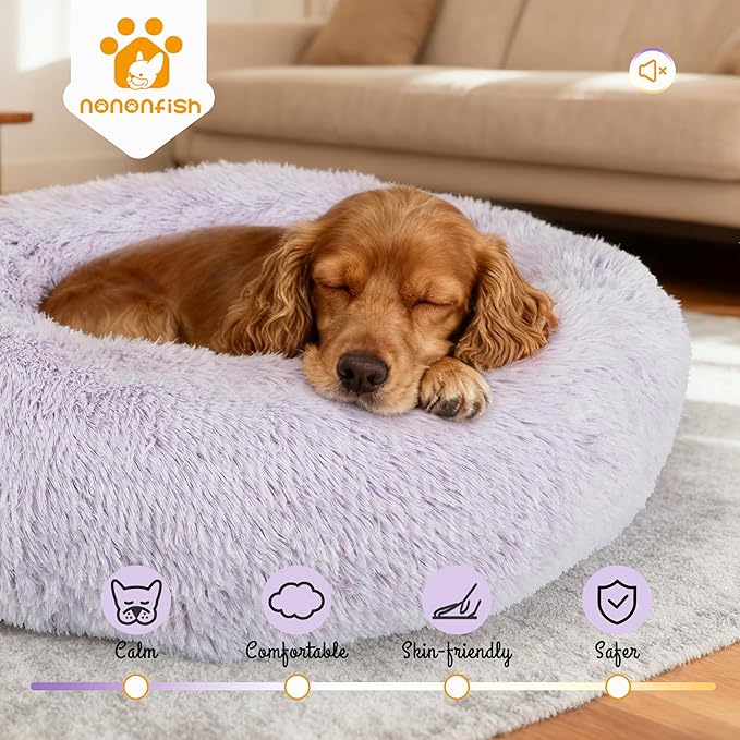 Calming Dog Bed for Medium Dogs Washable Donut 30 inches Anti-Slip Pet Bed,Round Fluffy Plush Faux Fur Cat Bed,Fits up to 45 lbs Pets,Gradient Purple