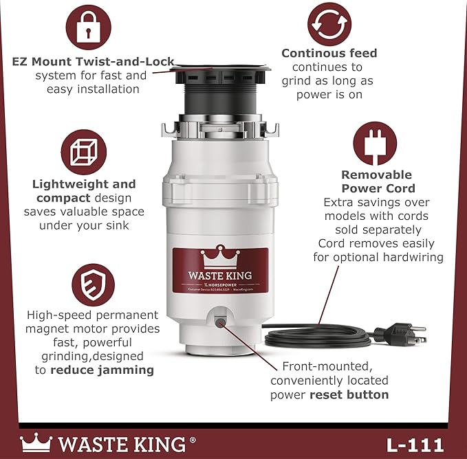 Waste King Garbage Disposal for Kitchen Sink with Power Cord,Compact Food Waste Disposer,L-111,(Pack of 2)