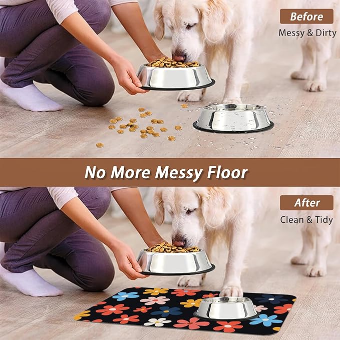 Abstract Groovy Flower Dog Food Mat for Floors,Absorbent Pet Food and Water Bowl Mats,Non-Slip Pet Feeding Mat,Pet Supplies 16" x 24"