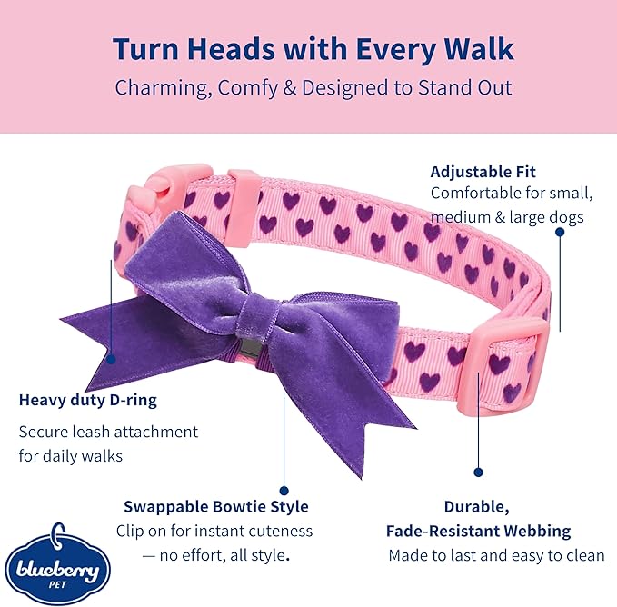 Blueberry Pet Adjustable Flocking Dog Collar with Detachable Velvety Bowtie - Heart in Gothic Grape