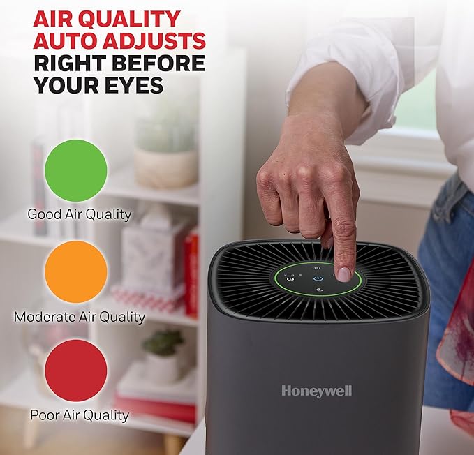 Honeywell Allergen Plus Compact HEPA Small Room Air Purifiers for Home, Up to 530 Ft² Coverage, 3-in-1 Filter, Pet Dander, Smoke & Odor Reducer Air Quality Sensor with Auto Mode, Grey, HPA125V